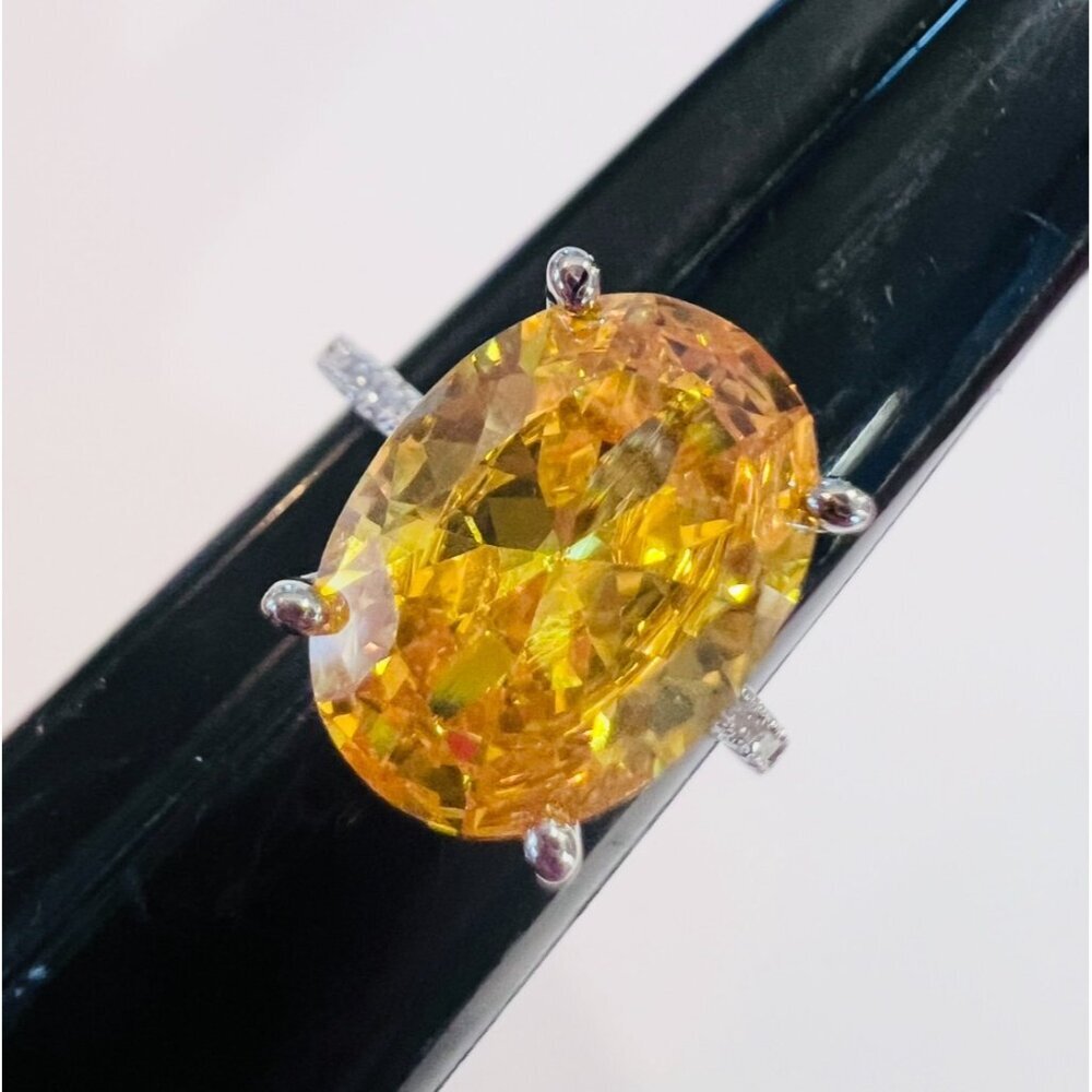 Sterling Silver 925 Ring With Yellow Oval CZ Stone & Moissanite Accents Size 8.2 - Picture 7 of 10